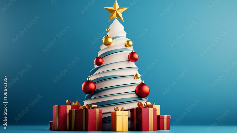 Christmas tree with a star on top and red and gold ornaments. The tree is surrounded by several boxes of gifts Christmas tree with a star on top and red and gold ornaments. The tree is surrounded by several boxes of gifts