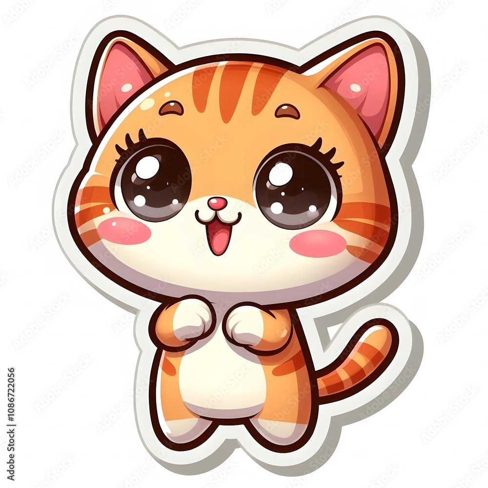 AI Generate of Sticker Kitten or Cat Cub in cartoon style with a happy expression, isolated in white background