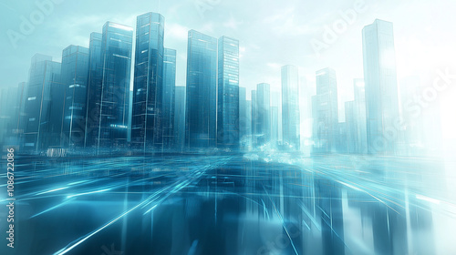 Advanced Urban Cityscape with Reflective Architecture and Digital Flow Elements