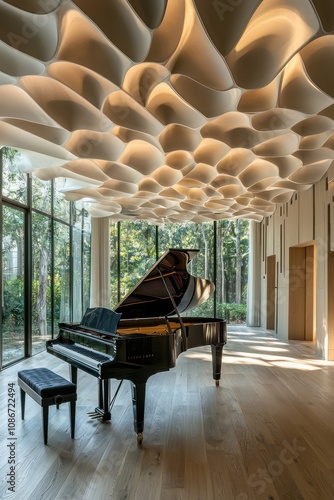 Music room with a grand piano, high ceilings, and innovative soundproofing.