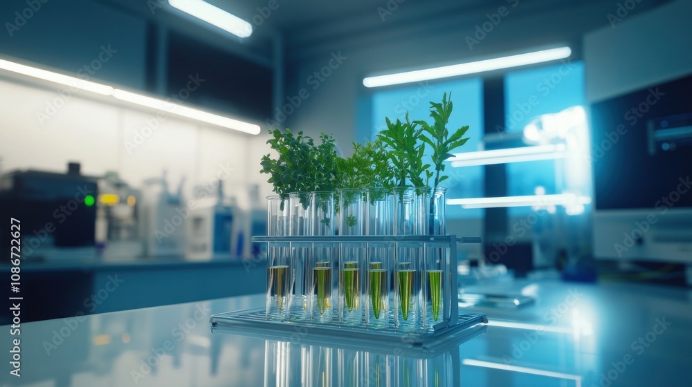 A laboratory setup featuring test tubes with plants and liquid samples. A laboratory setup featuring test tubes with plants and liquid samples.