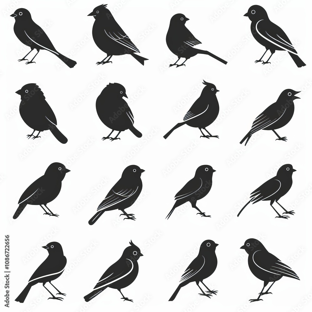 Bird icon set, black and white sparrow symbols, bird sign collection, wild animal pictograms on white Bird icon set, black and white sparrow symbols, bird sign collection, wild animal pictograms on white