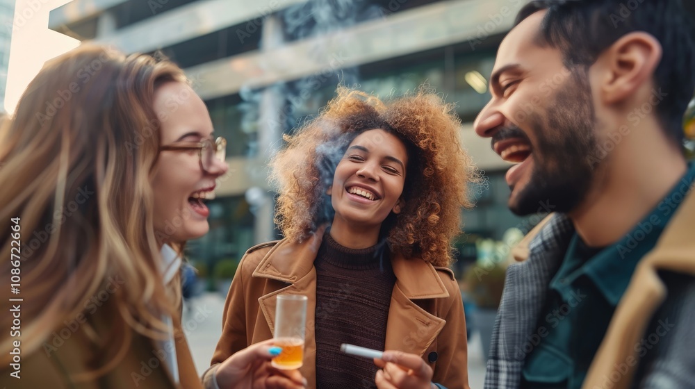 A group of friends sharing a cigarette break outside an office building, chatting and laughing A group of friends sharing a cigarette break outside an office building, chatting and laughing