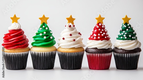 Group of five cupcakes with different colored frosting and a star on top. The cupcakes are arranged in a row, with the first one on the left and the last one on the right