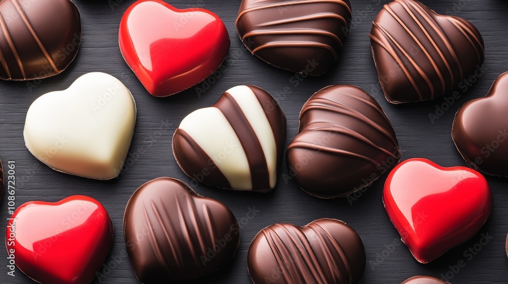 Row of chocolate hearts with red hearts in the middle. The chocolate hearts are arranged in a row and some of them are white Row of chocolate hearts with red hearts in the middle. The chocolate hearts are arranged in a row and some of them are white
