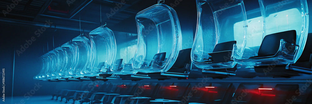 Fototapeta premium Rows of Transparent Floating Seats Suspended in Mid-Air, with Speakers Addressing the Audience in a Futuristic Conference Hall 