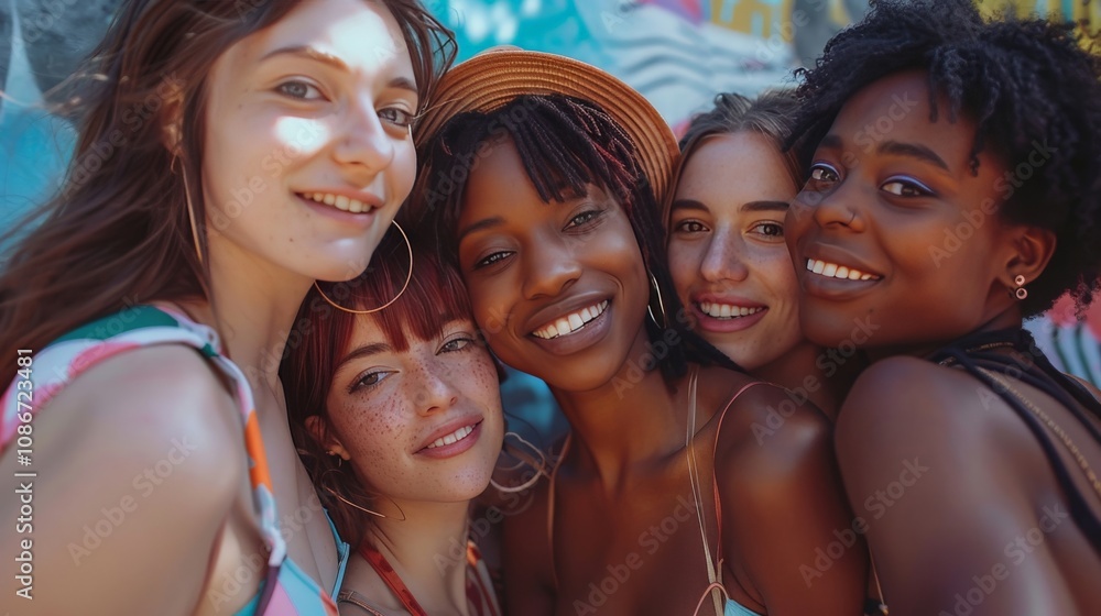 Fototapeta premium A group of friends taking a selfie, celebrating their diverse body types and shared friendship