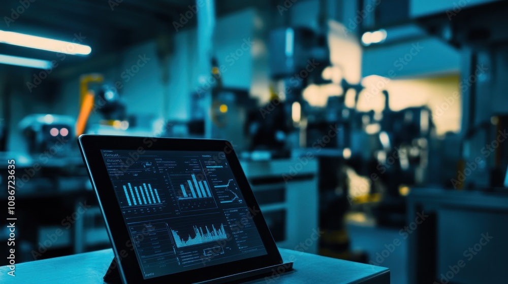 A tablet displaying data analytics in a dimly lit industrial environment. A tablet displaying data analytics in a dimly lit industrial environment.