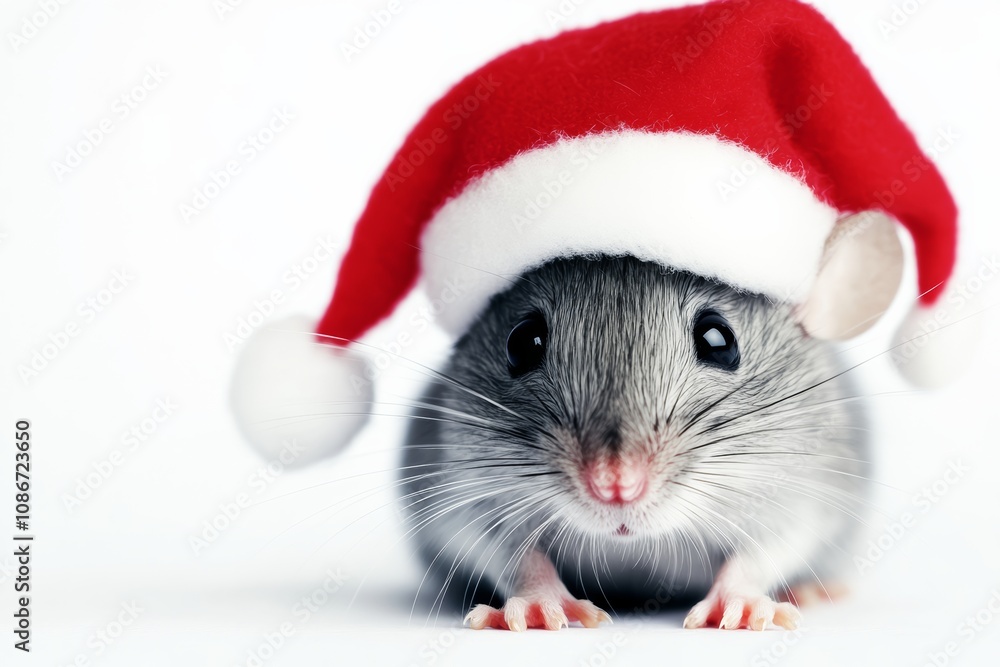 Small gray mouse wearing a red Santa hat. The mouse is looking at the camera. The image has a festive and playful mood Small gray mouse wearing a red Santa hat. The mouse is looking at the camera. The image has a festive and playful mood
