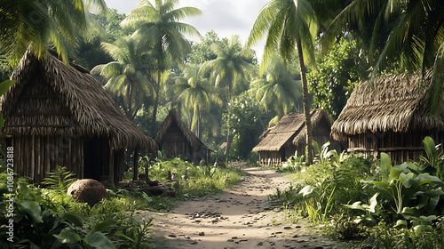 Abandoned tribal village in dense jungle, artifacts scattered, 8k, hyper realistic, real life based.  photo