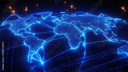 Futuristic Global Network with Blue World Map and Data Flow Visualization