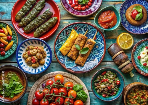 A Vibrant Display of Diverse Turkish Dishes: From Mezes to Kebabs, Indulge in the Rich Flavors and Textures of Authentic Turkish Cuisine for Your Culinary Collection photo