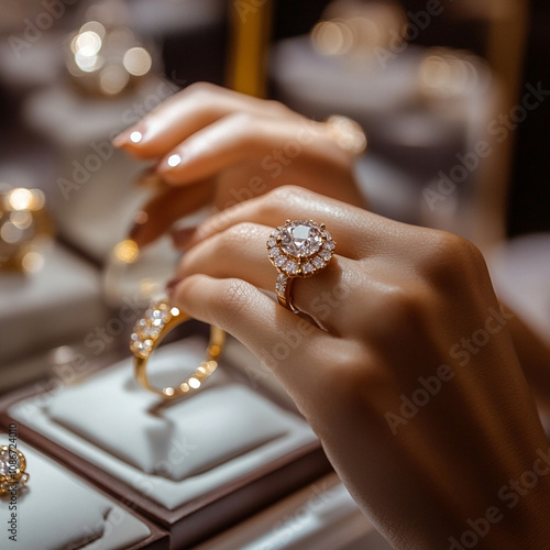  Close up of woman's hand trying on beautiful ring with gemstone on her finger in jewelry store.