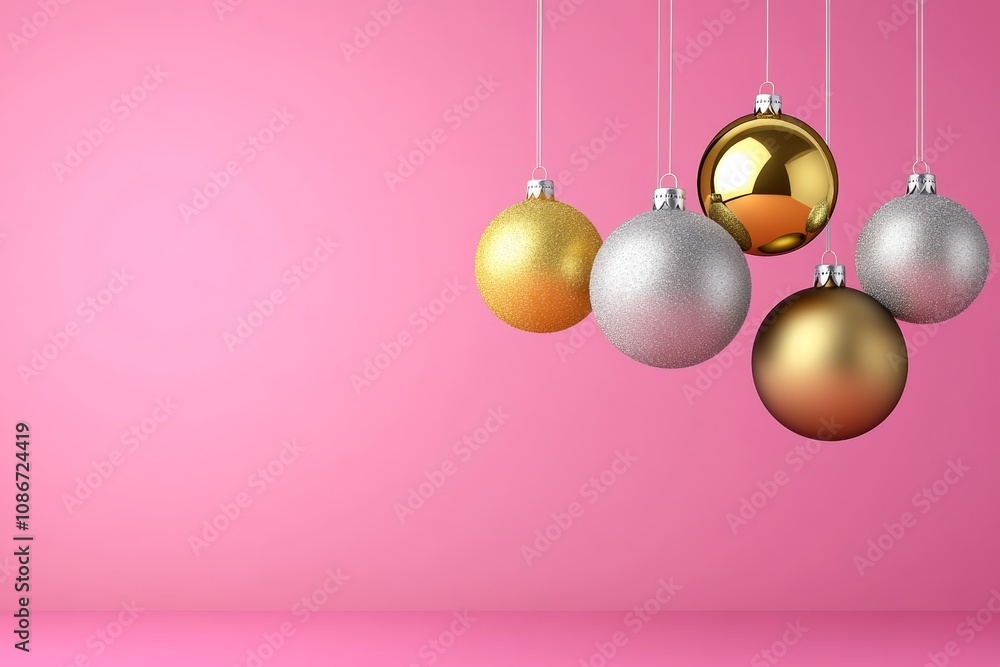 Pink background with a hanging cluster of gold and silver Christmas ornaments. The ornaments are hanging from a string and are of various sizes Pink background with a hanging cluster of gold and silver Christmas ornaments. The ornaments are hanging from a string and are of various sizes