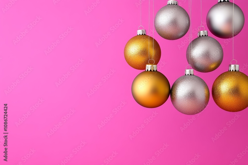 Row of Christmas ornaments hanging from a string. The ornaments are gold and silver Row of Christmas ornaments hanging from a string. The ornaments are gold and silver