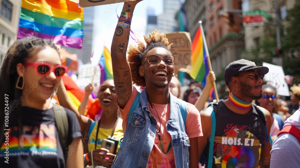 A group of LGBTQ activists holding signs and marching together at a rally, united for equality A group of LGBTQ activists holding signs and marching together at a rally, united for equality