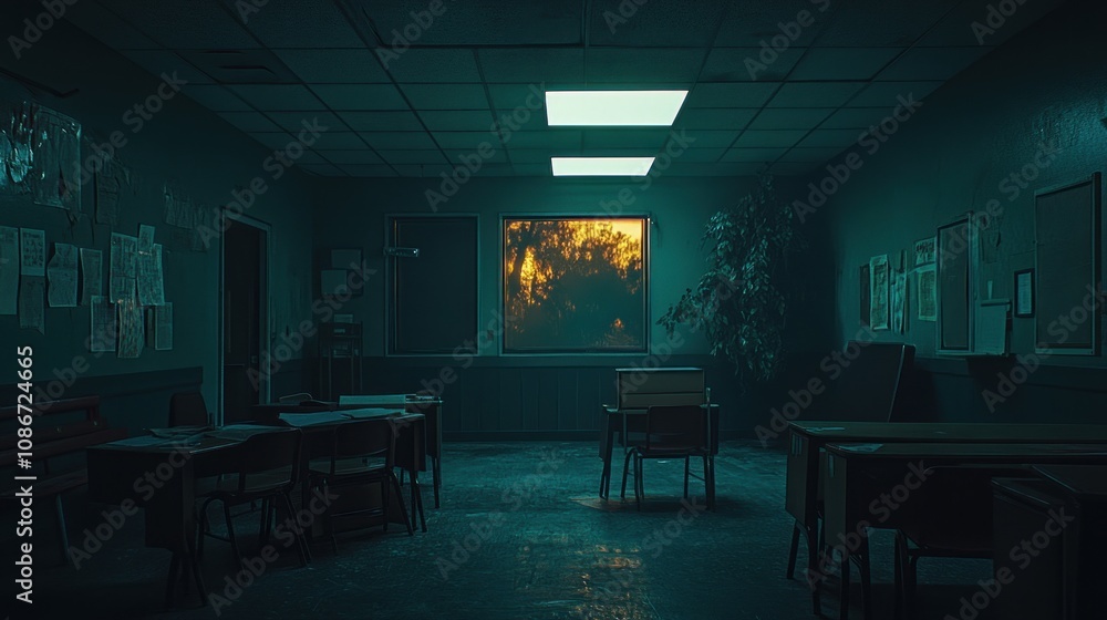 A dimly lit classroom with empty desks and a view of an orange sunset through a window. A dimly lit classroom with empty desks and a view of an orange sunset through a window.