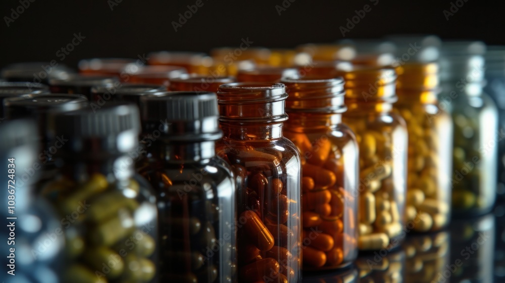 Close-up of rows of glass medicine bottles containing vibrant capsules and pills, highlighting details in a professional healthcare setting Close-up of rows of glass medicine bottles containing vibrant capsules and pills, highlighting details in a professional healthcare setting