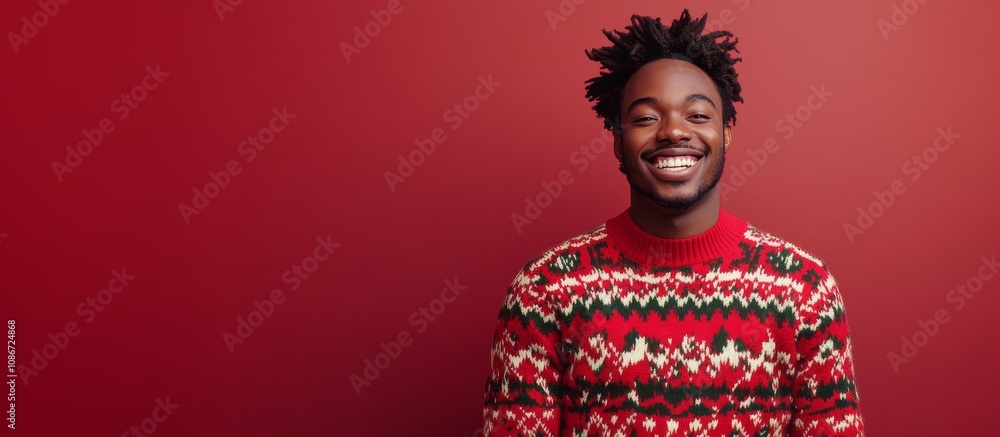 Smiling young black man in ugly Christmas sweater. Minimalist wide banner, copy space. Jumper Day Smiling young black man in ugly Christmas sweater. Minimalist wide banner, copy space. Jumper Day
