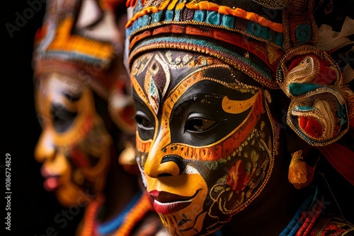 close up the detailed masks used in the cham dances