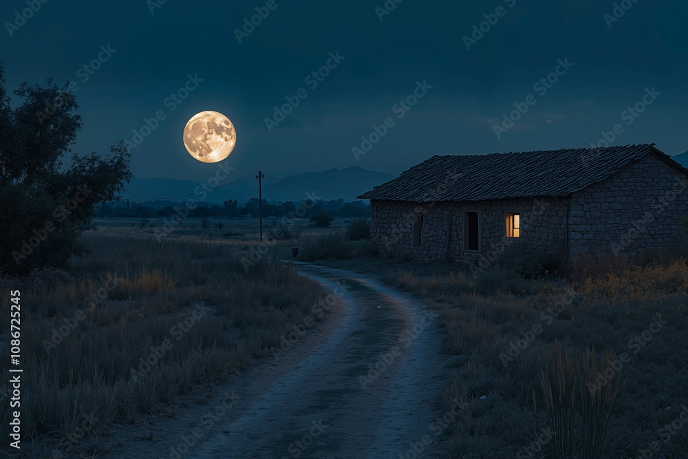 A dirt road leading to a small stone building with a full moon in the background A dirt road leading to a small stone building with a full moon in the background