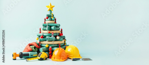 Christmas tree built from construction tools. Holiday decorations like pipes and garlands, spirit of innovation. Festive backdrop, holiday cheer with a theme of repair. Banner background, copy space.