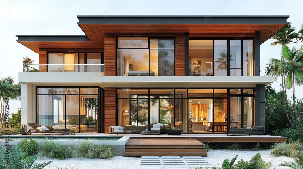 3D model of a cozy beach house with detailed wood siding and large outdoor spaces, isolated on a white background. 3D model of a cozy beach house with detailed wood siding and large outdoor spaces, isolated on a white background.