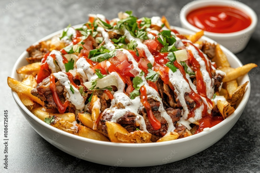 Delicious Doner Kebab Fries Topped With Sauces And Herbs Delicious Doner Kebab Fries Topped With Sauces And Herbs