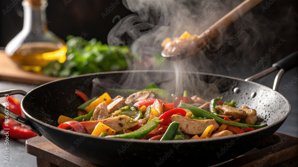 Sizzling stir fried vegetables with chicken in wok, aromatic steam rising Sizzling stir fried vegetables with chicken in wok, aromatic steam rising