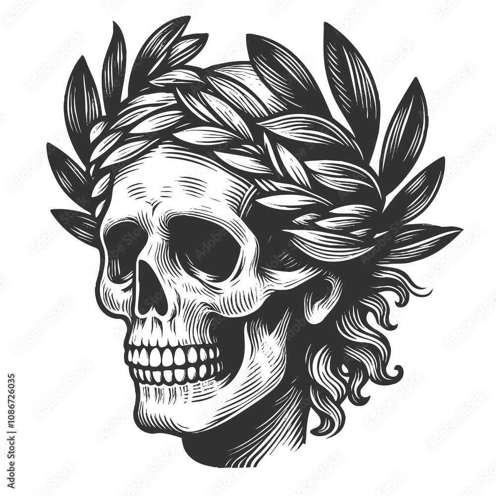 Obraz premium skull adorned with a laurel wreath, symbolizing victory and mortality, detailed vintage tattoo style sketch engraving generative ai raster illustration. Scratch board imitation. Black and white image.