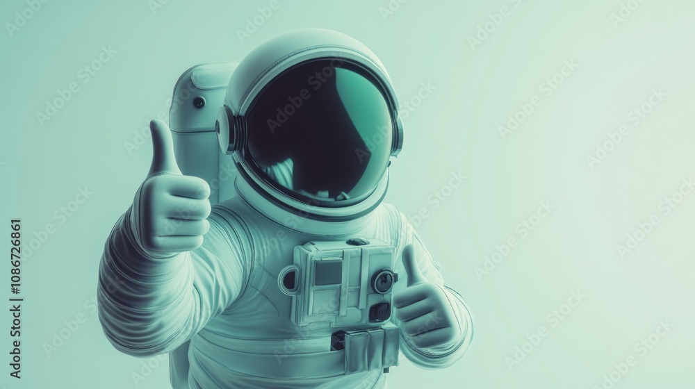 An astronaut giving a thumbs-up gesture in a stylized, futuristic setting. An astronaut giving a thumbs-up gesture in a stylized, futuristic setting.