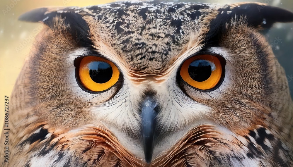 Close-up of owl's eyes through frosted glass in snowy weather Close-up of owl's eyes through frosted glass in snowy weather