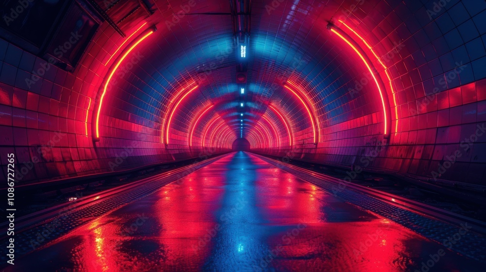 A tunnel with neon lights and a red and blue color scheme A tunnel with neon lights and a red and blue color scheme