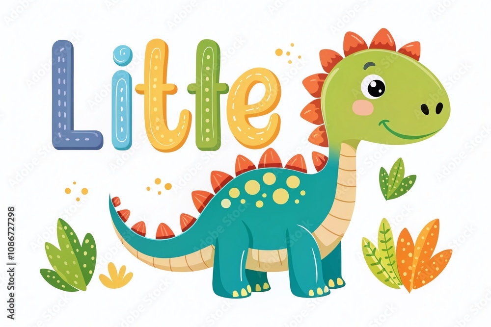 Fototapeta premium Adorable Cute Dinosaur with 'Little Dino' Lettering on White Background, Ideal for Print, Coloring Book, and Greeting Card Designs for Children and Dino Lovers