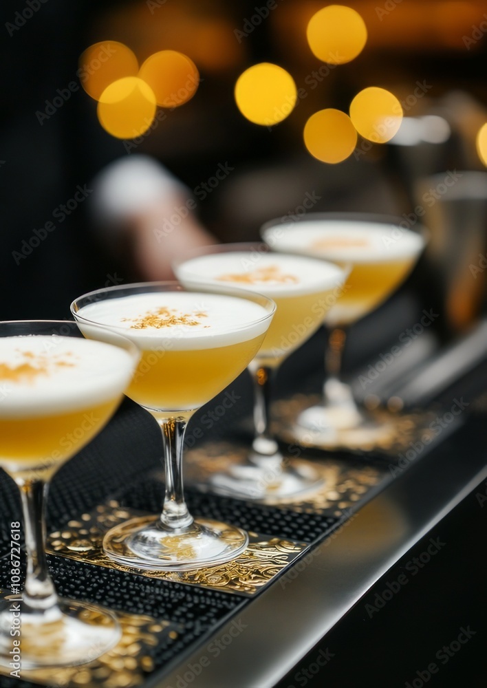 A lineup of glasses filled with yellow cocktails topped with foam is displayed on a bar counter. The vibrant yellow drinks create a visually appealing pattern, highlighted by the uniformity of the arr A lineup of glasses filled with yellow cocktails topped with foam is displayed on a bar counter. The vibrant yellow drinks create a visually appealing pattern, highlighted by the uniformity of the arr
