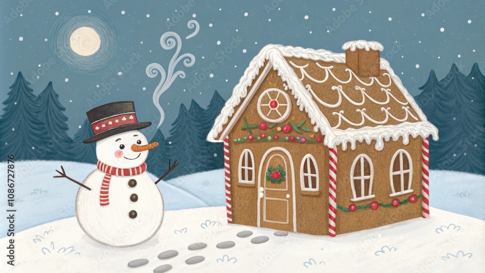 Cheerful snowman beside a festive gingerbread house Cheerful snowman beside a festive gingerbread house