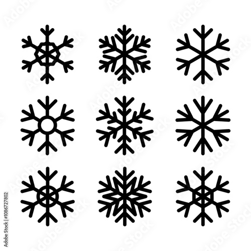 Snowflakes big set icons. Flake crystal silhouette collection. Happy new year, xmas, christmas. Snow, holiday, cold weather, frost.