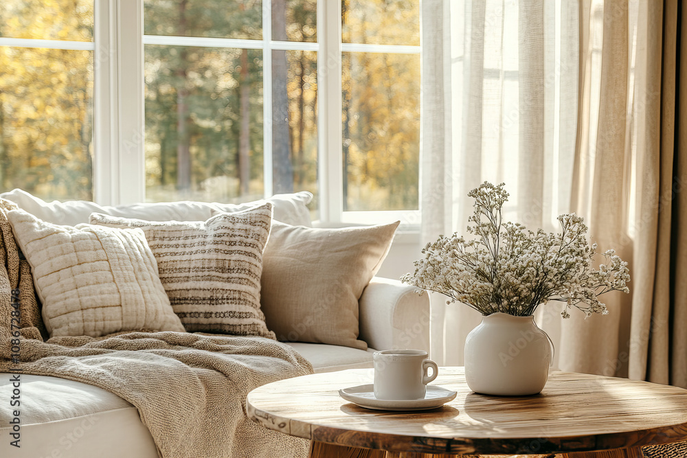 Bright cozy living room with soft natural light, wooden coffee table, beige sofa, white pillows, and fresh flowers in a vase for a modern minimalist home decor style Bright cozy living room with soft natural light, wooden coffee table, beige sofa, white pillows, and fresh flowers in a vase for a modern minimalist home decor style