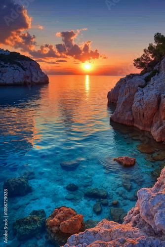 A beautiful sunset over the ocean with rocks in the foreground
