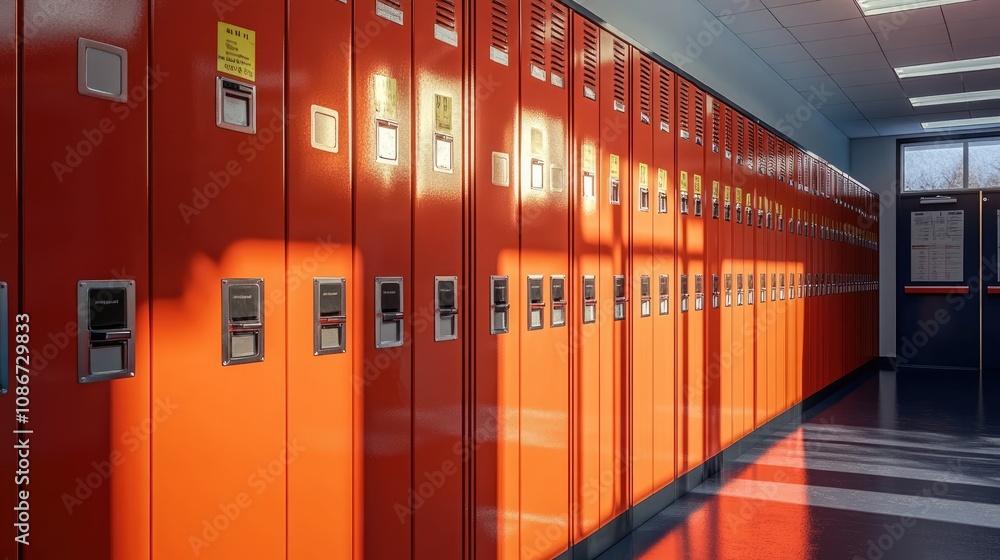 A row of vibrant orange lockers illuminated by soft sunlight, creating a warm and inviting atmosphere. A row of vibrant orange lockers illuminated by soft sunlight, creating a warm and inviting atmosphere.