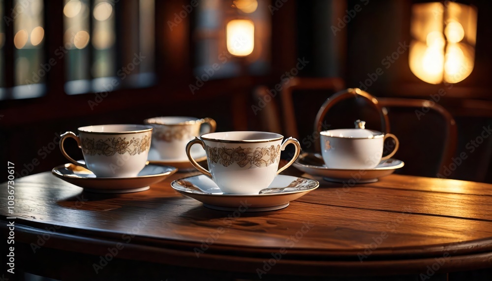 Obraz premium Cozy Cafe Ambiance- Porcelain Teacups Filled with Aromatic Tea Resting on a Wooden Table in 