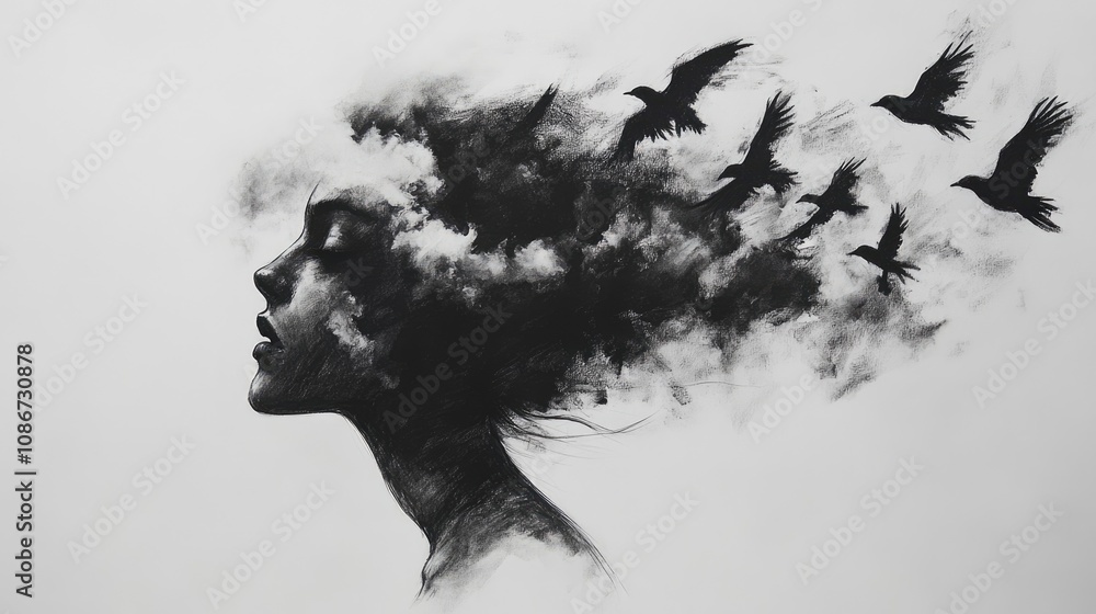 Woman with Birds and Clouds Woman with Birds and Clouds