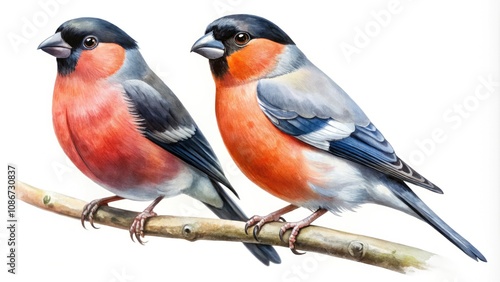 Minimalist Watercolor Illustration of Male and Female Bullfinch Birds - Hand Drawn Pyrrhula pyrrhula Vintage Style Art on White Background