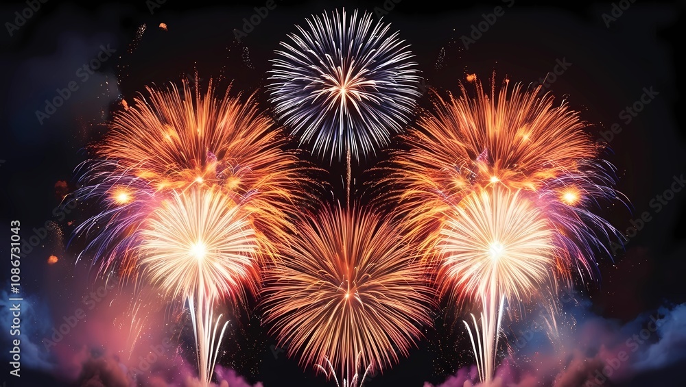 Vivid and exciting celebration fireworks exploding against a black sky. Vivid and exciting celebration fireworks exploding against a black sky.