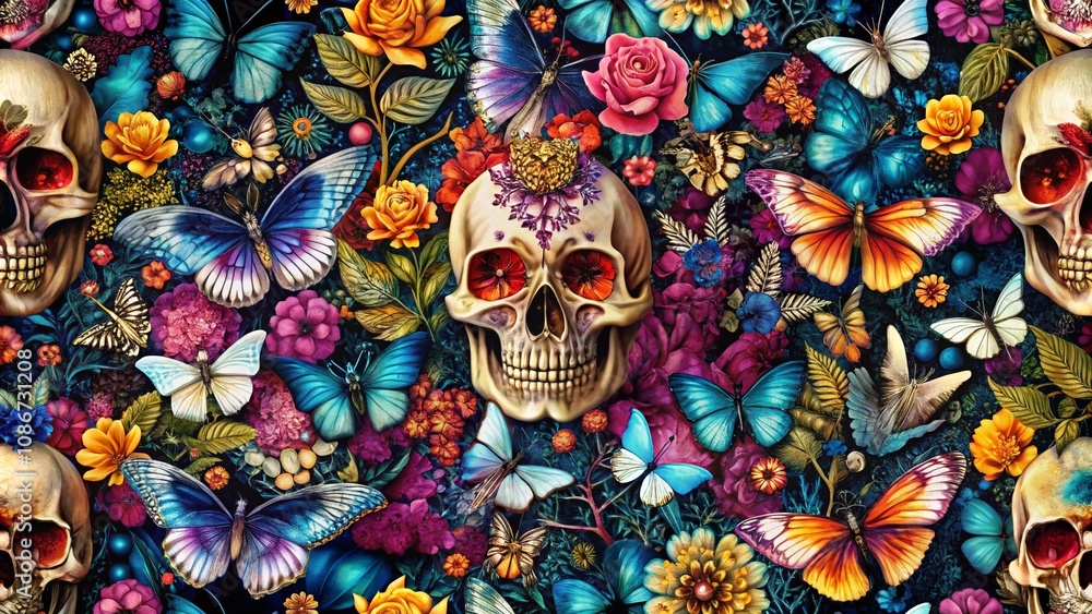 Aerial Photography of Unique Butterfly Skull Art Pattern Showcasing Intricate Details and Vivid Colors for Textile Design and Creative Projects Aerial Photography of Unique Butterfly Skull Art Pattern Showcasing Intricate Details and Vivid Colors for Textile Design and Creative Projects