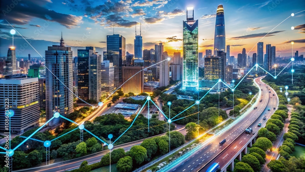 Obraz premium Aerial Photography of Urban Landscapes Featuring Line Graphs and Data Analysis Representations for Business Insights and Market Trends Visualization