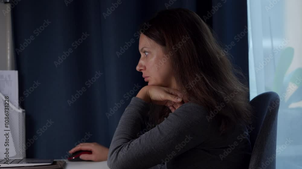 Woman working at desk on computer at home, concentrated face of woman looking attentively at laptop screen. Light smile on face. Woman working at desk on computer at home, concentrated face of woman looking attentively at laptop screen. Light smile on face.