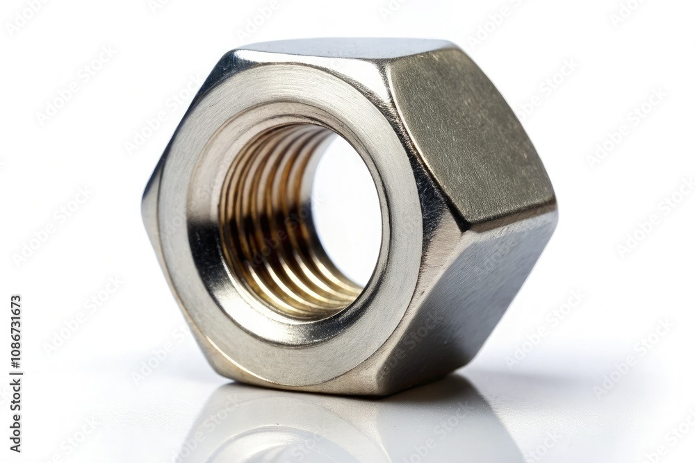 Robust metal nut showcased on a white background, perfect for industrial uses, technical illustrations, engineering applications, product catalogs, and educational materials. Robust metal nut showcased on a white background, perfect for industrial uses, technical illustrations, engineering applications, product catalogs, and educational materials.