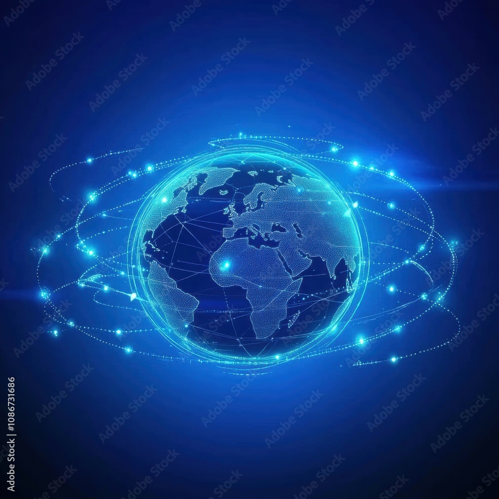 Futuristic Global Network Concept with Digital Earth and Connection Lines in Blue Tone Representing Technology, Communication, and Data Flow in a Modern Design Futuristic Global Network Concept with Digital Earth and Connection Lines in Blue Tone Representing Technology, Communication, and Data Flow in a Modern Design