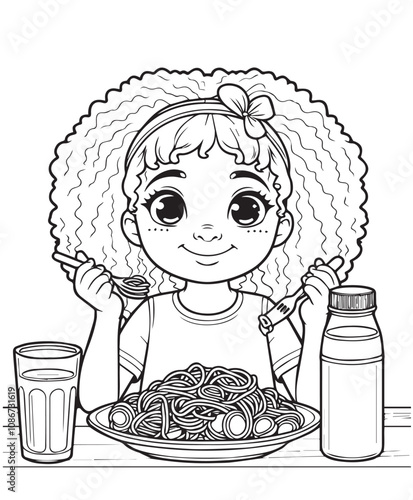 coloring page cute girl eat act